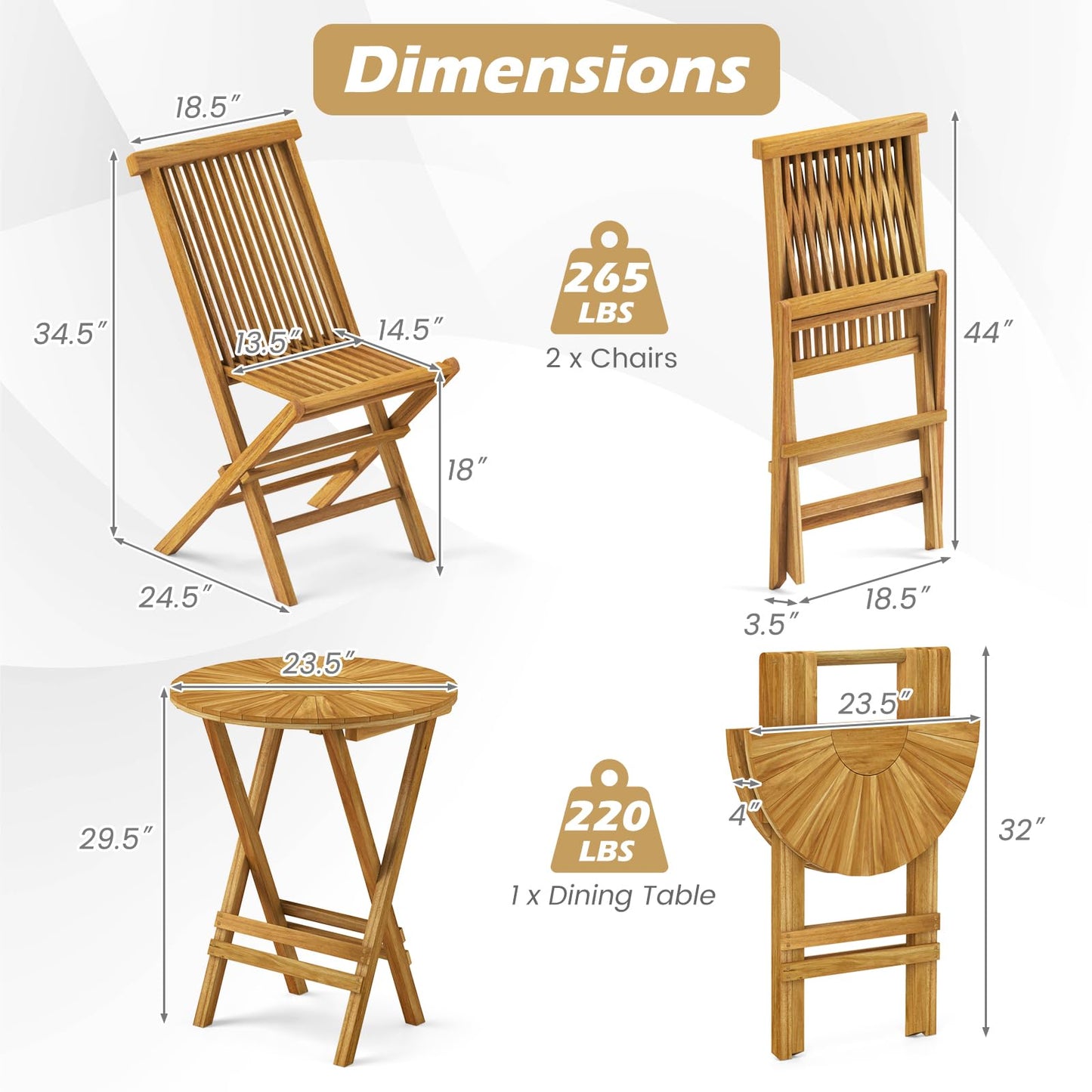 Ensemble bistro de terrasse pliable Tangkula 3 pièces, table ronde à lattes et chaises à dossier haut en bois de teck
