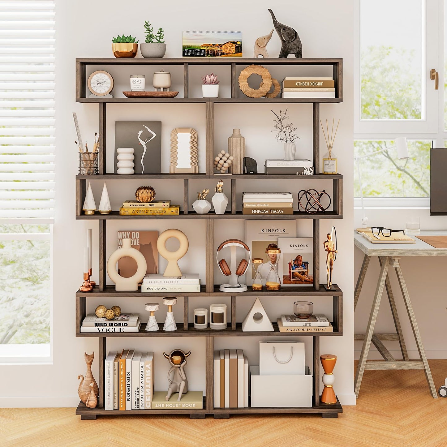 Tangkula 64" Tall 6-Tier S Shaped Bookcase with Anti-Tipping Kit