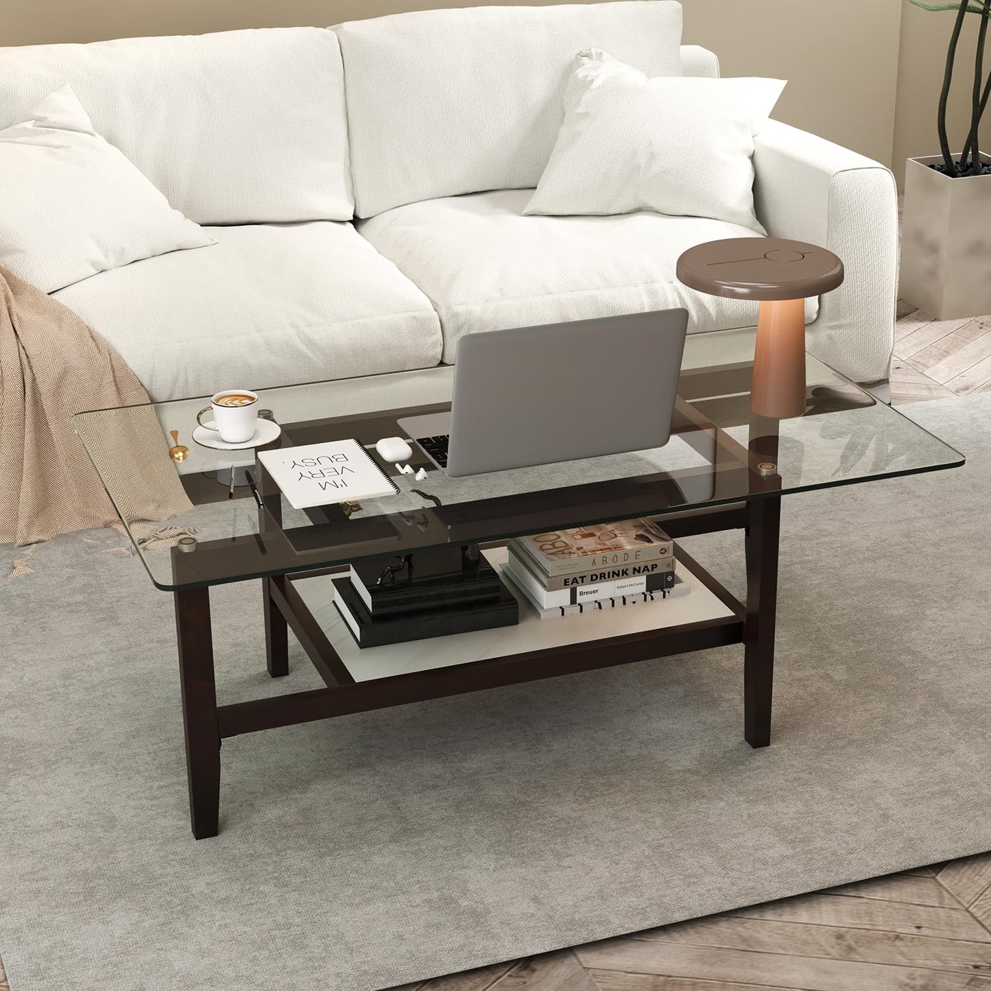 Tangkula Table basse rectangulaire à 2 niveaux de 106,7 cm avec étagère de rangement et pieds en bois d'hévéa massif