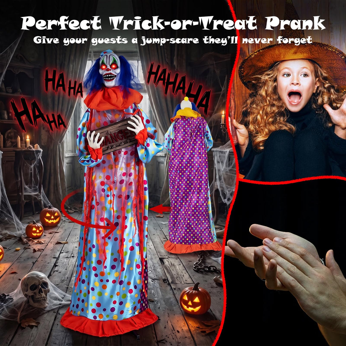 Tangkula 5.6 FT Halloween Animated Clown with Snap-up Head & Glowing Eyes