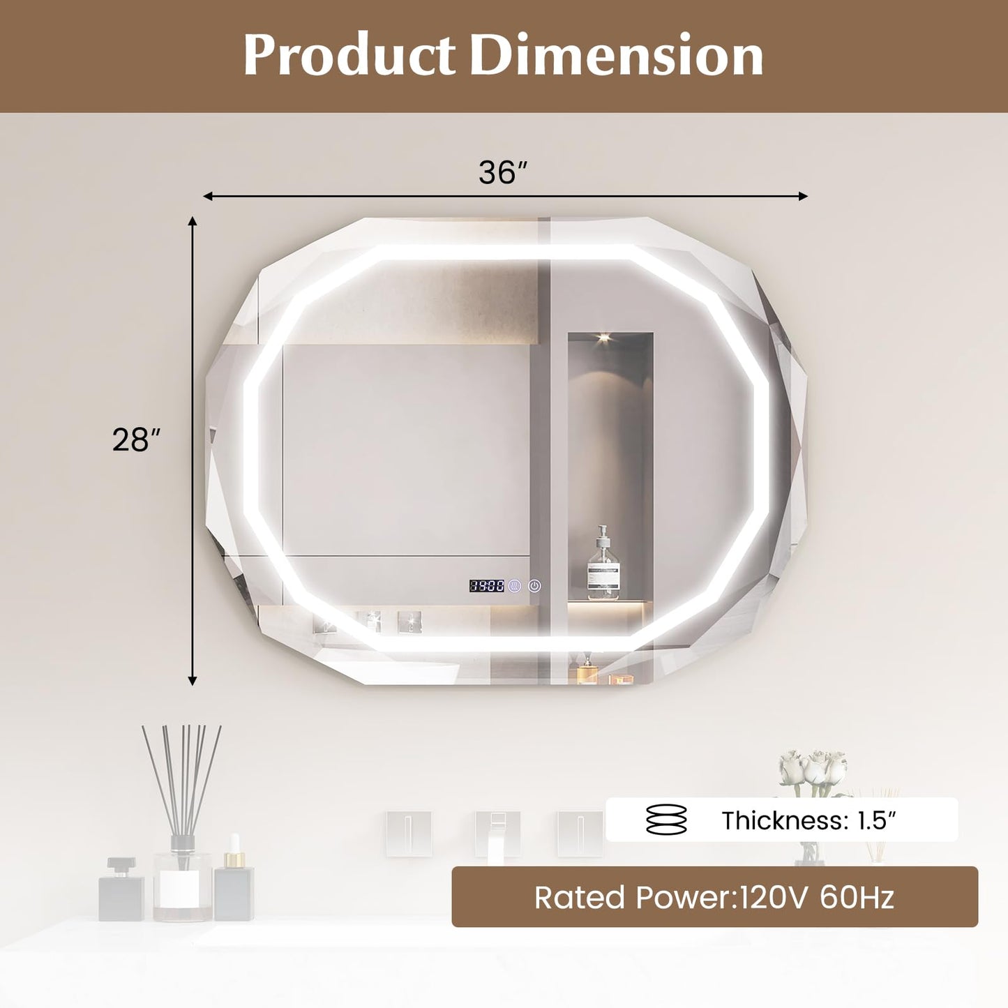 Tangkula LED Bathroom Mirror, Single Beveled Edge Anti-Fog Mirror with 3 Color LED Light, Memory Function