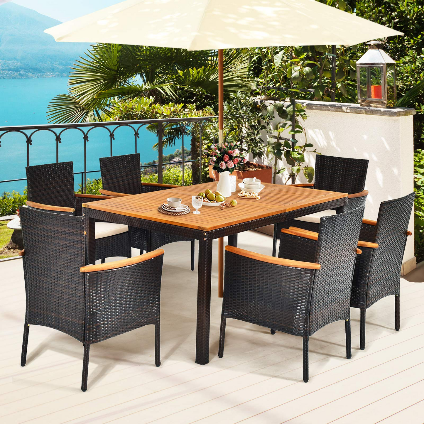 Tangkula 7 Pieces Patio Rattan Dining Set, Outdoor Conversation Set w/Acacia Wood Tabletop & Umbrella Hole, Stackable Chairs w/Soft Cushion