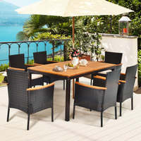 Tangkula 7 Pieces Patio Rattan Dining Set, Outdoor Conversation Set w/Acacia Wood Tabletop & Umbrella Hole, Stackable Chairs w/Soft Cushion