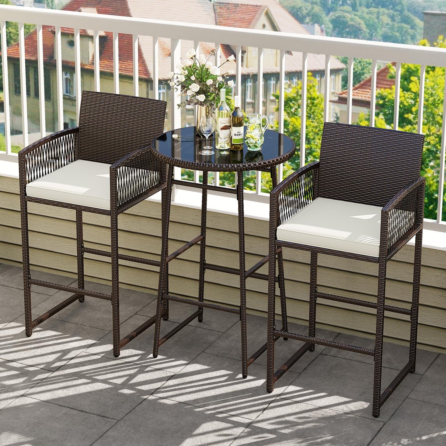 Tangkula Outdoor Wicker Bar Height Glass Top Table & 2 Cushioned Bartools Heavy Duty