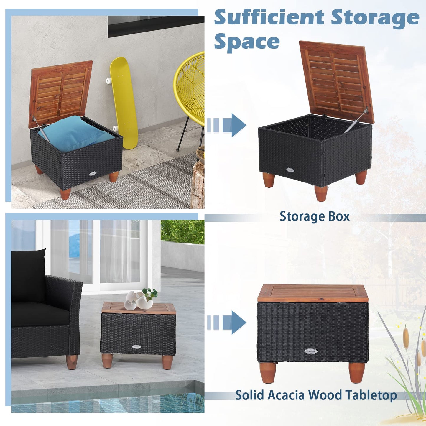 Tangkula 3 Pieces Patio Porch Furniture Set, PE Rattan Wicker Chair Conversation Set with Cushions and Storage Table