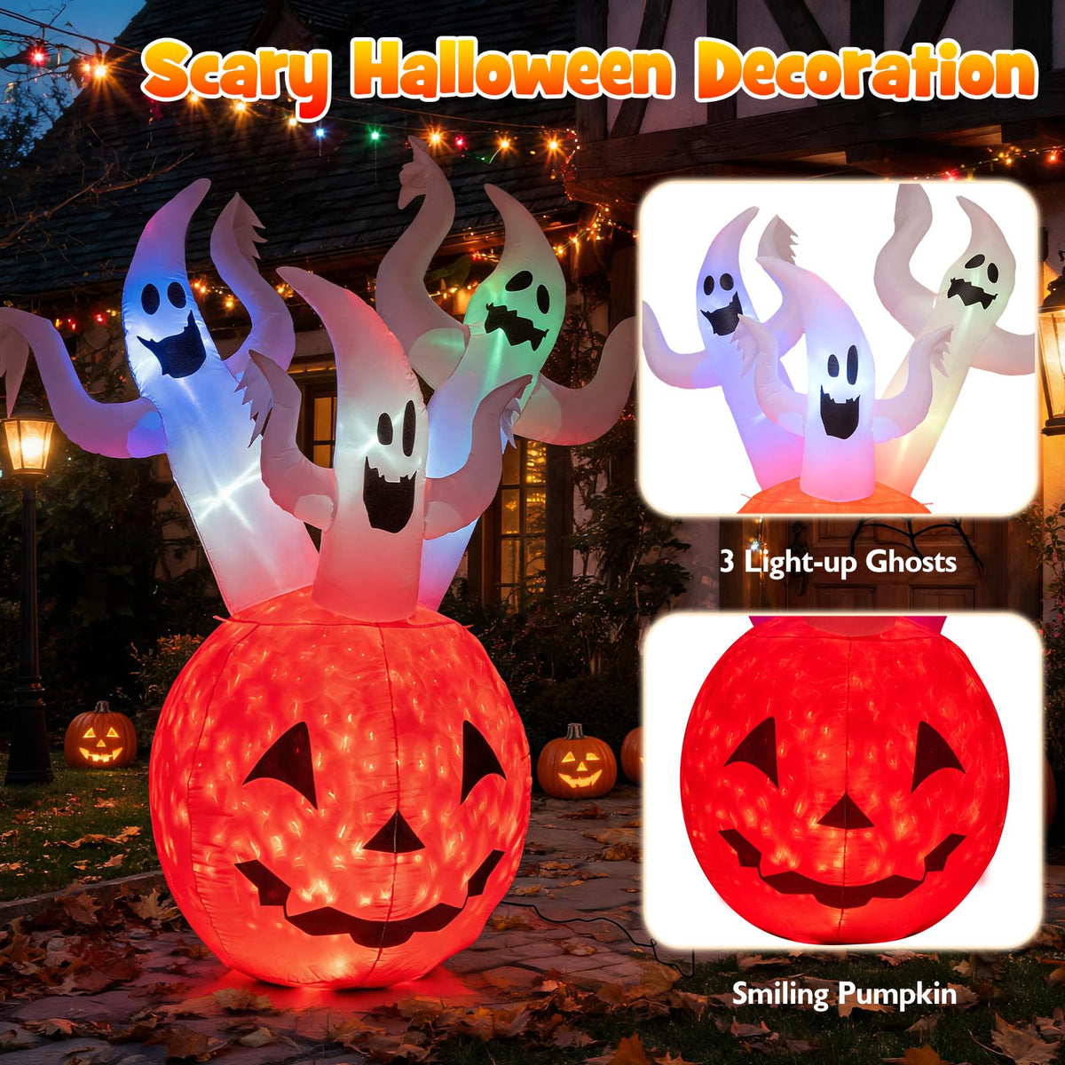 Tangkula 6 FT Halloween Lighted Inflatable 3 Ghosts in Pumpkin