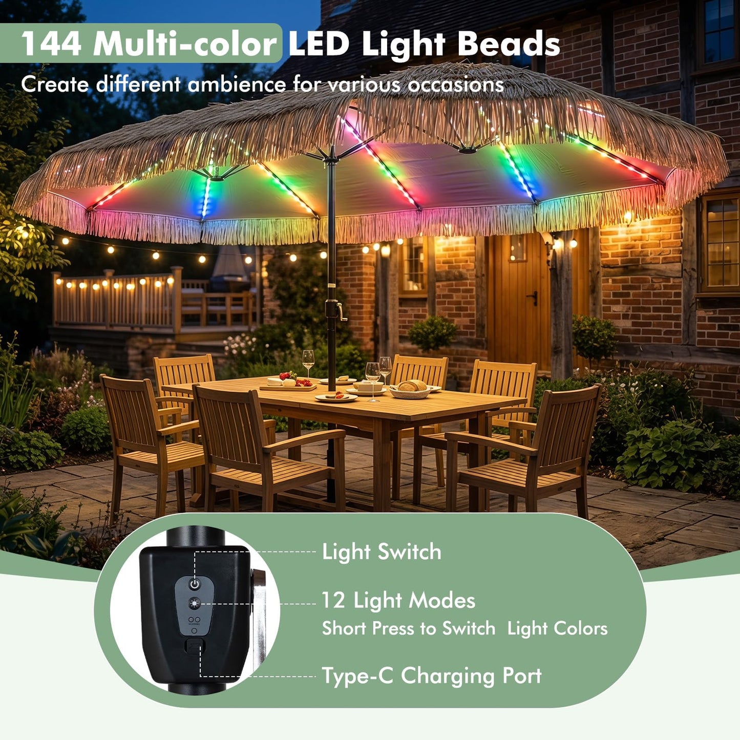 Tangkula 15 FT Solar Tiki Patio Umbrella | Thatched PE Grass