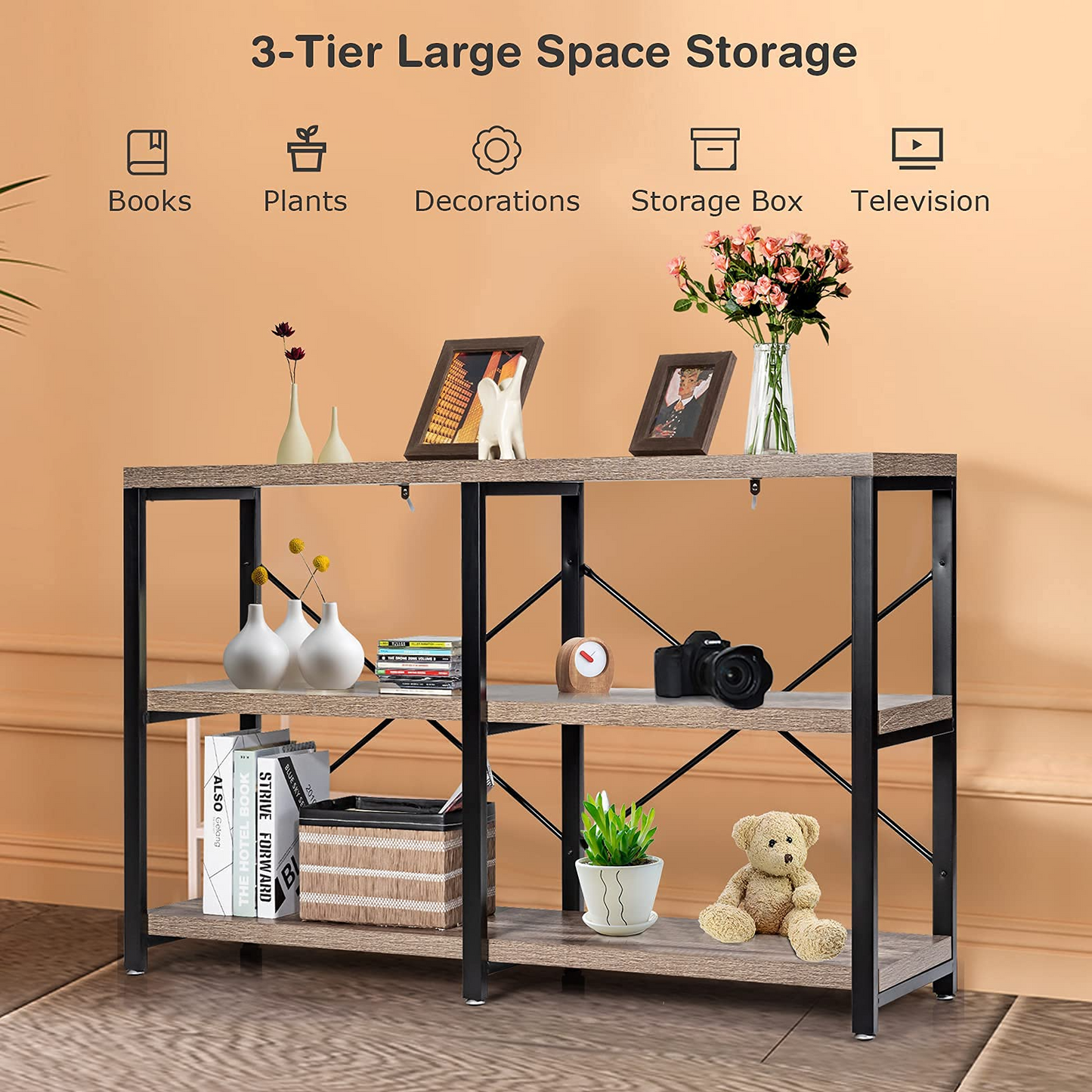 Tangkula Rustic Console Sofa Table, 3 Tier Console Table with Shelves, Industrial Foyer Table with Adjustable Feet, Living Room TV Stand