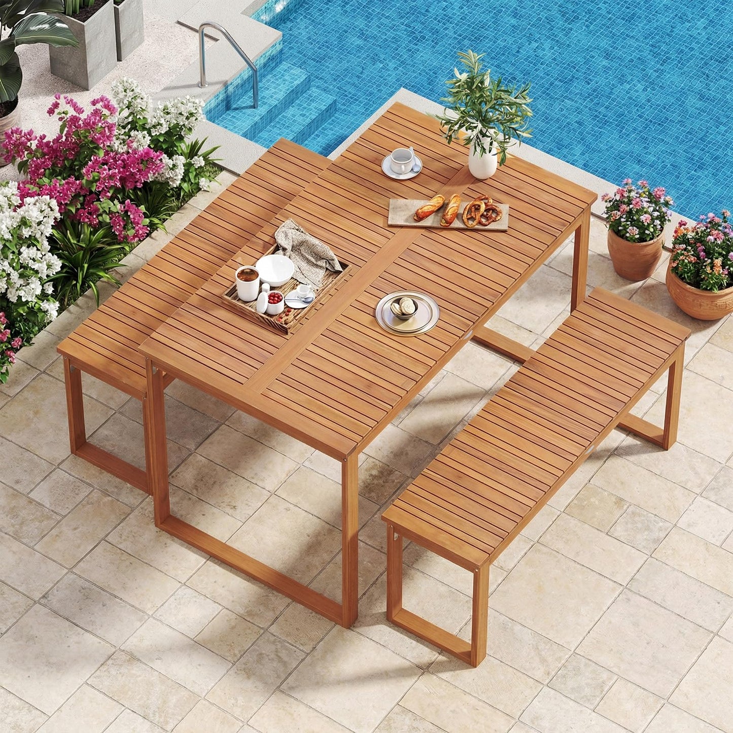 Tangkula 49" x 27.5" Acacia Wood Patio Dining Table for 4-6 Slatted Tabletop