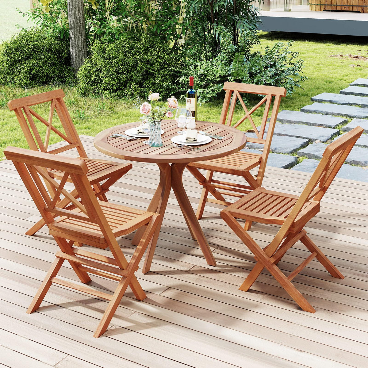 Tangkula Teak Wood Folding Patio Chairs Set of 2/4 (X-Shaped Back）