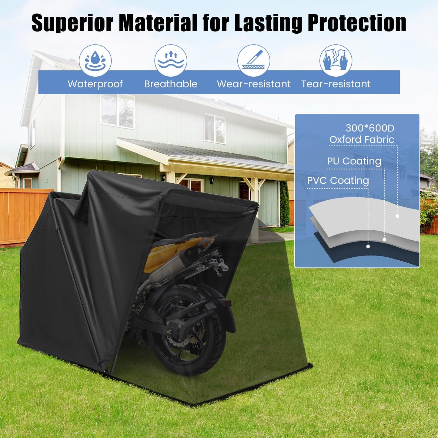 Tangkula Motorcycle Shed, Waterproof Motorcycle Garage with 600D Oxford Cover, Ventilation Window