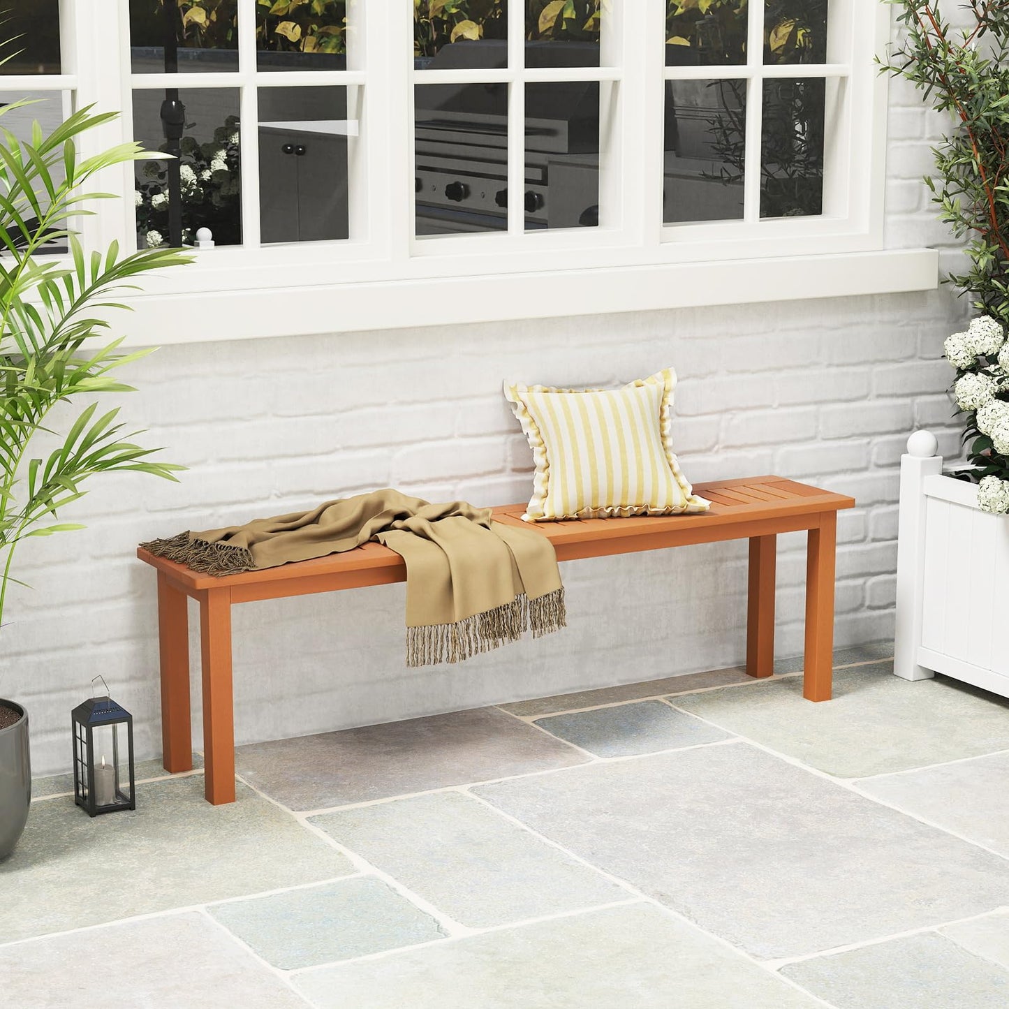 Tangkula Outdoor Wood Bench 59” Long Patio Dining Bench