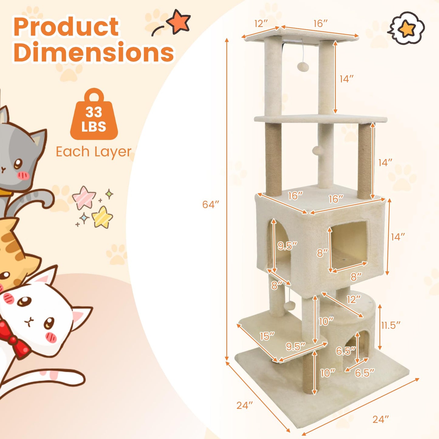 Tangkula 64 Inch Multi-Level Cat Tower with 2 Large Condos & Jute Scratching Posts
