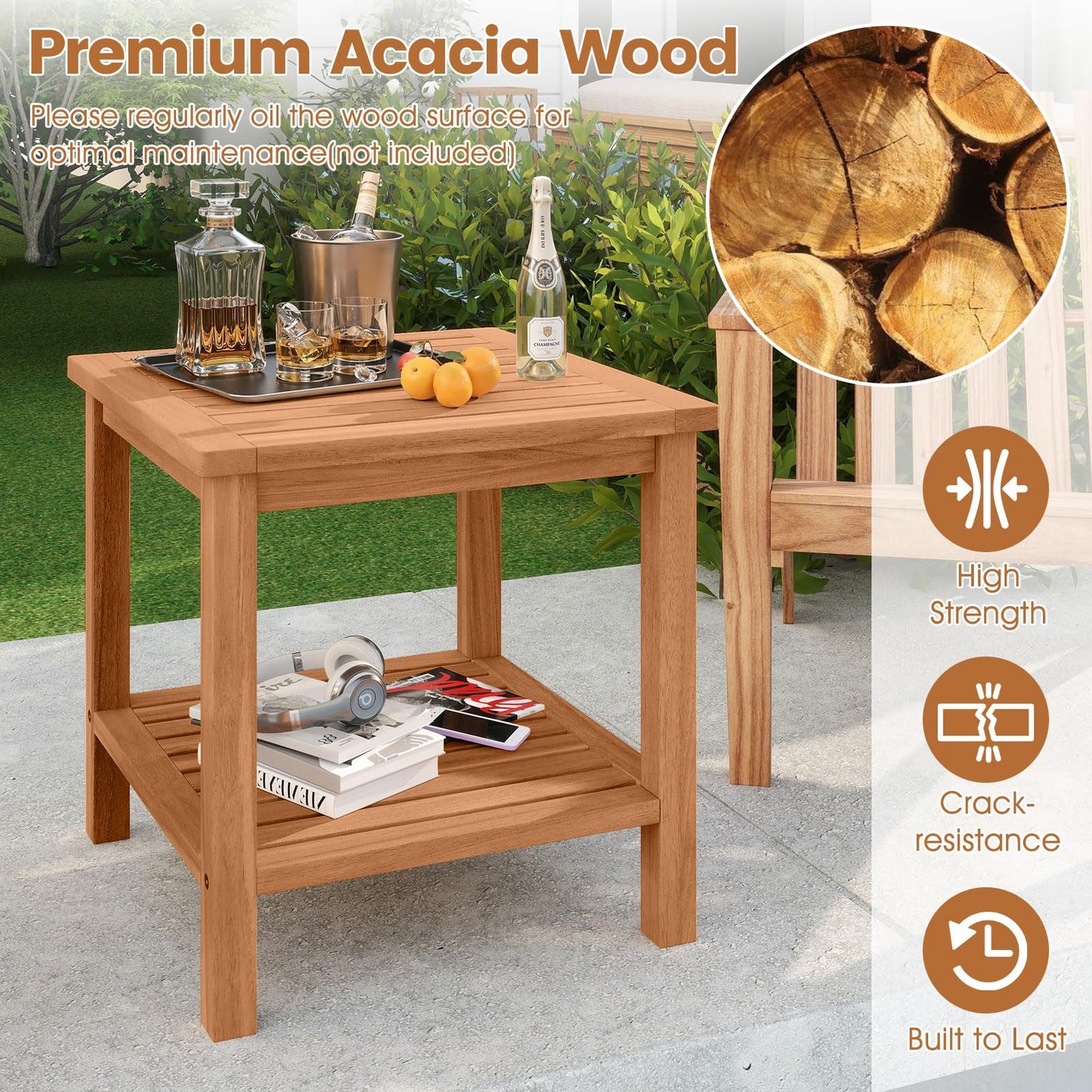 Tangkula Table d'appoint carrée à 2 niveaux en bois d'acacia avec plateau à lattes et étagère de rangement