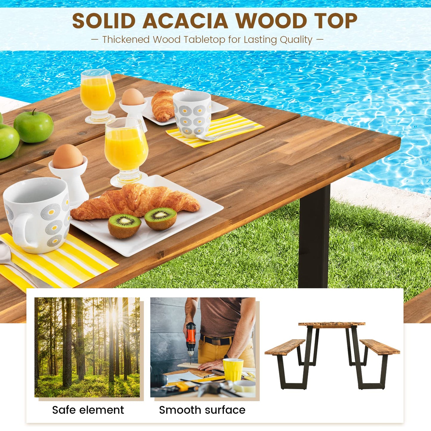 Tangkula Wooden Picnic Table with 2 Built-in Benches