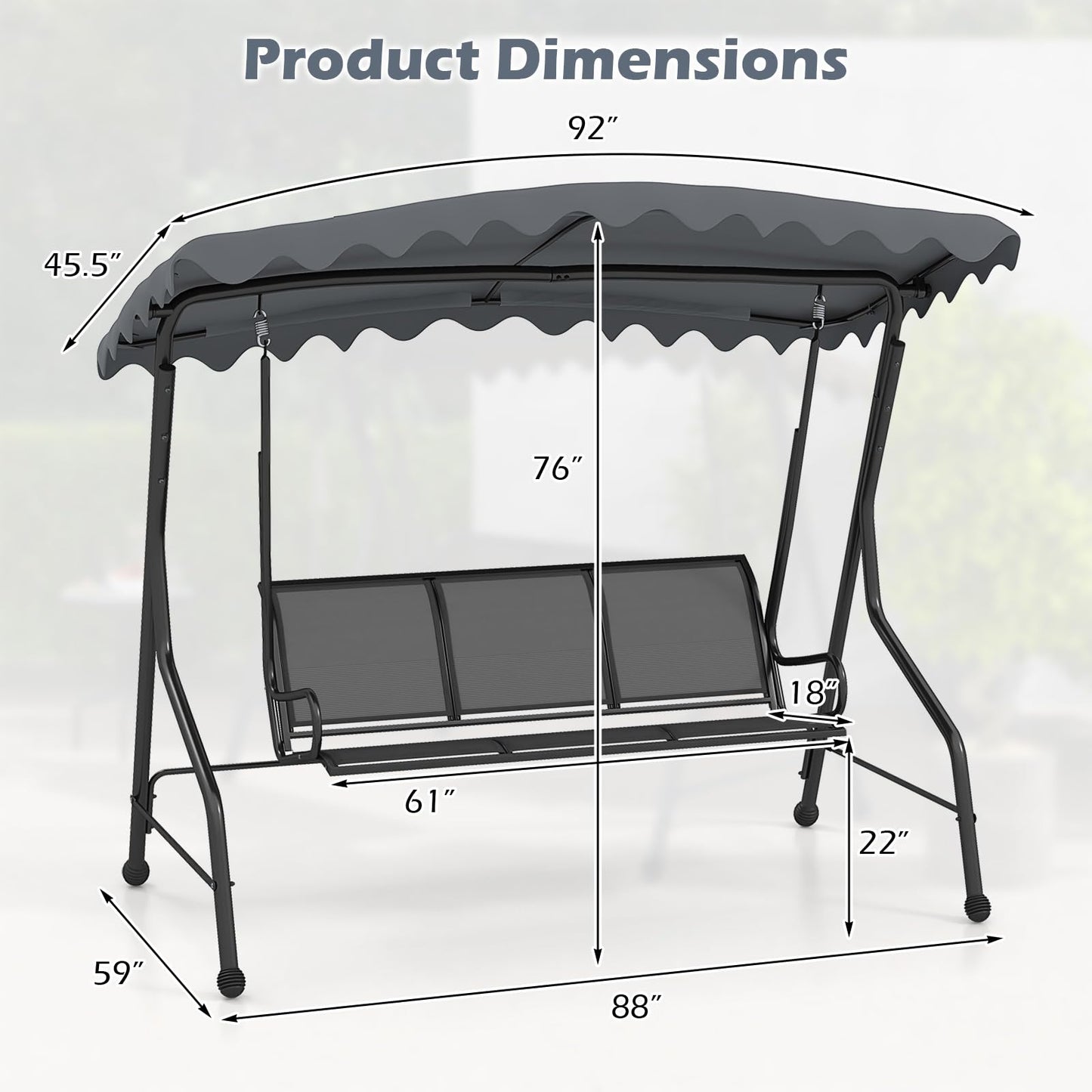 Tangkula 3 Person Porch Swing, Patio Swing with Adjustable Canopy, Heavy-Duty Metal Frame & Breathable Seat