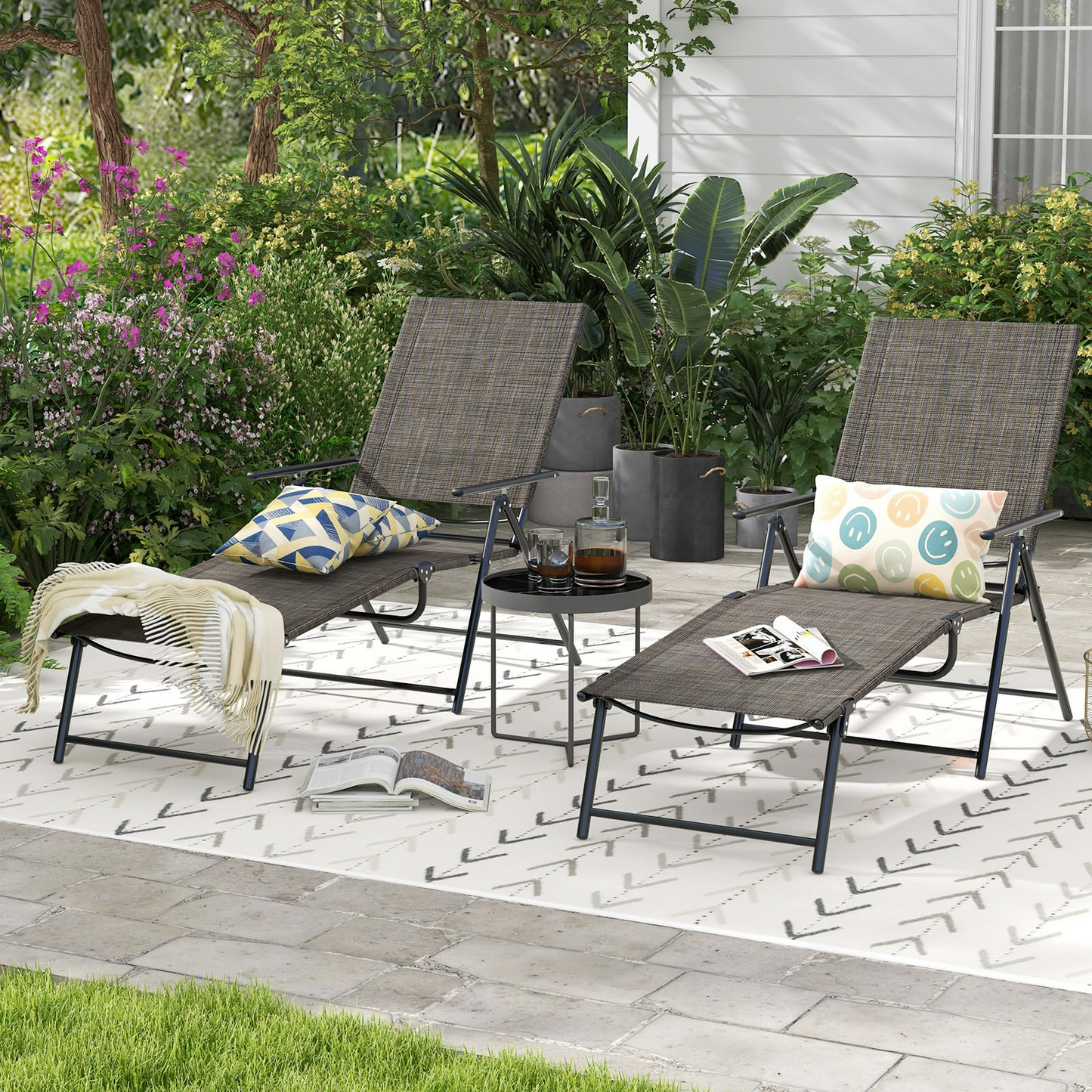 Tangkula Outdoor Lounge Chairs Set of 1/2, Patio Folding Chaise Recliner with 6-Level Backrest