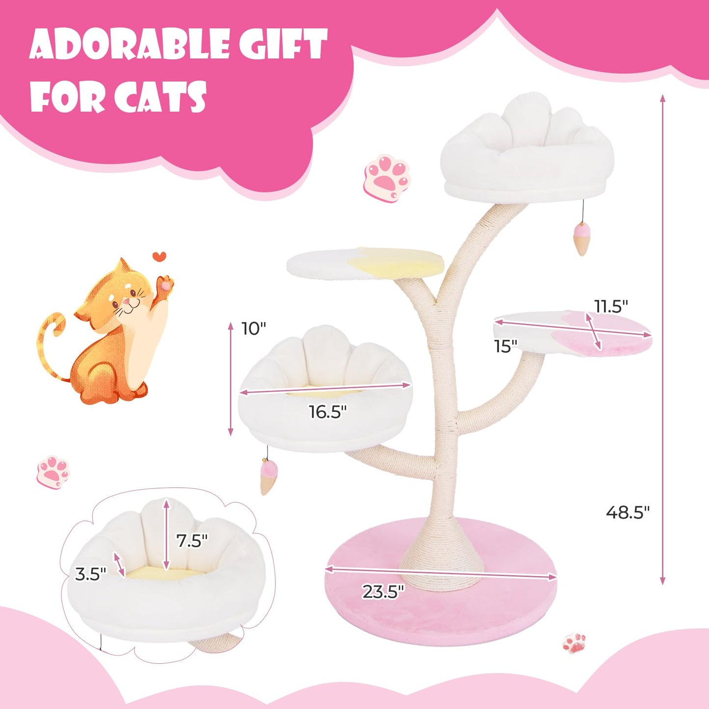 Tangkula Arbre à chat mignon multicouche de 123 cm avec poteaux à griffer recouverts de sisal