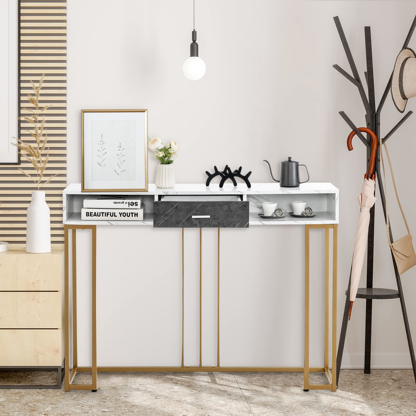 Tangkula Console Table with Drawer, 48" 2-Tier Faux Marble Sofa Table with Golden Steel Frame