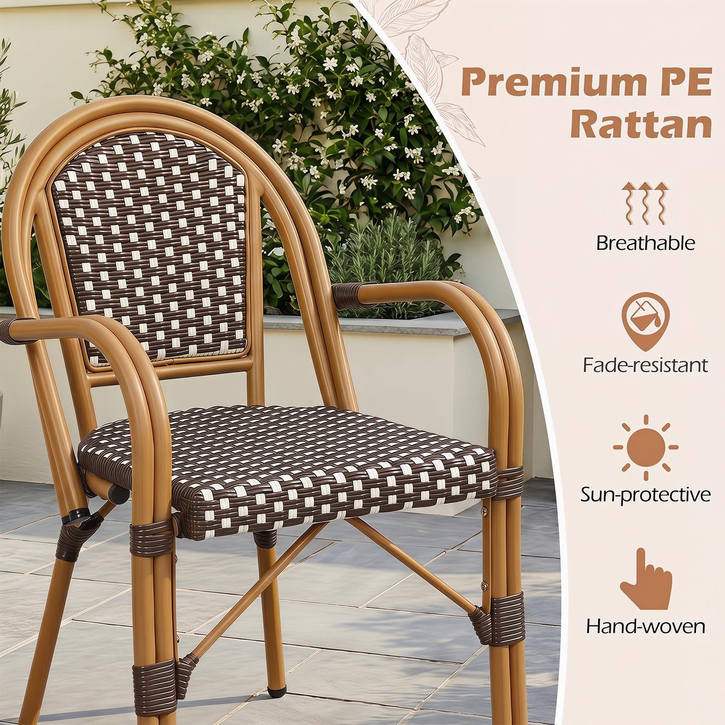 Tangkula Outdoor French Bistro Chairs Hand-Woven PE Wicker Patio Chairs(2/4)