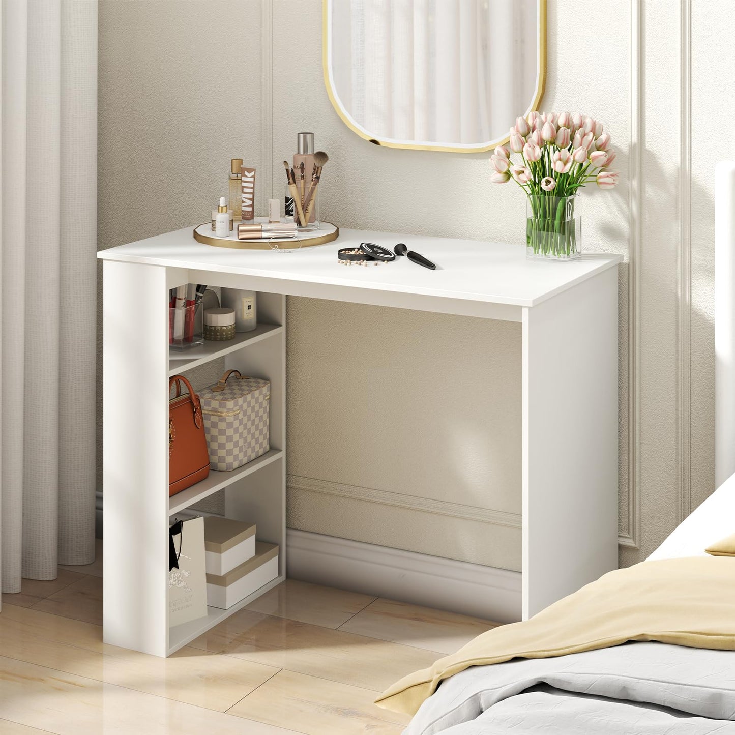 Tangkula Small White Desk with 3-Tier Bookshelf