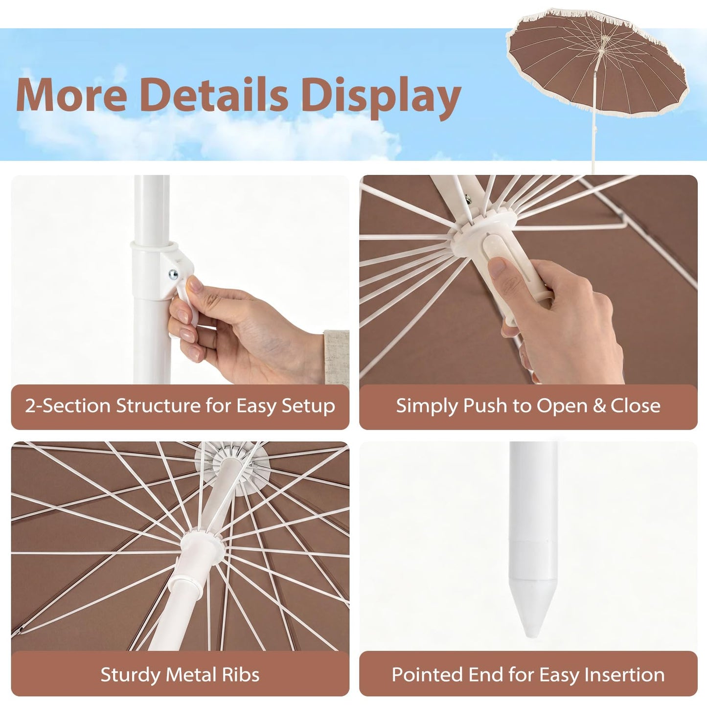 Tangkula 7FT Beach Umbrella with Fringe