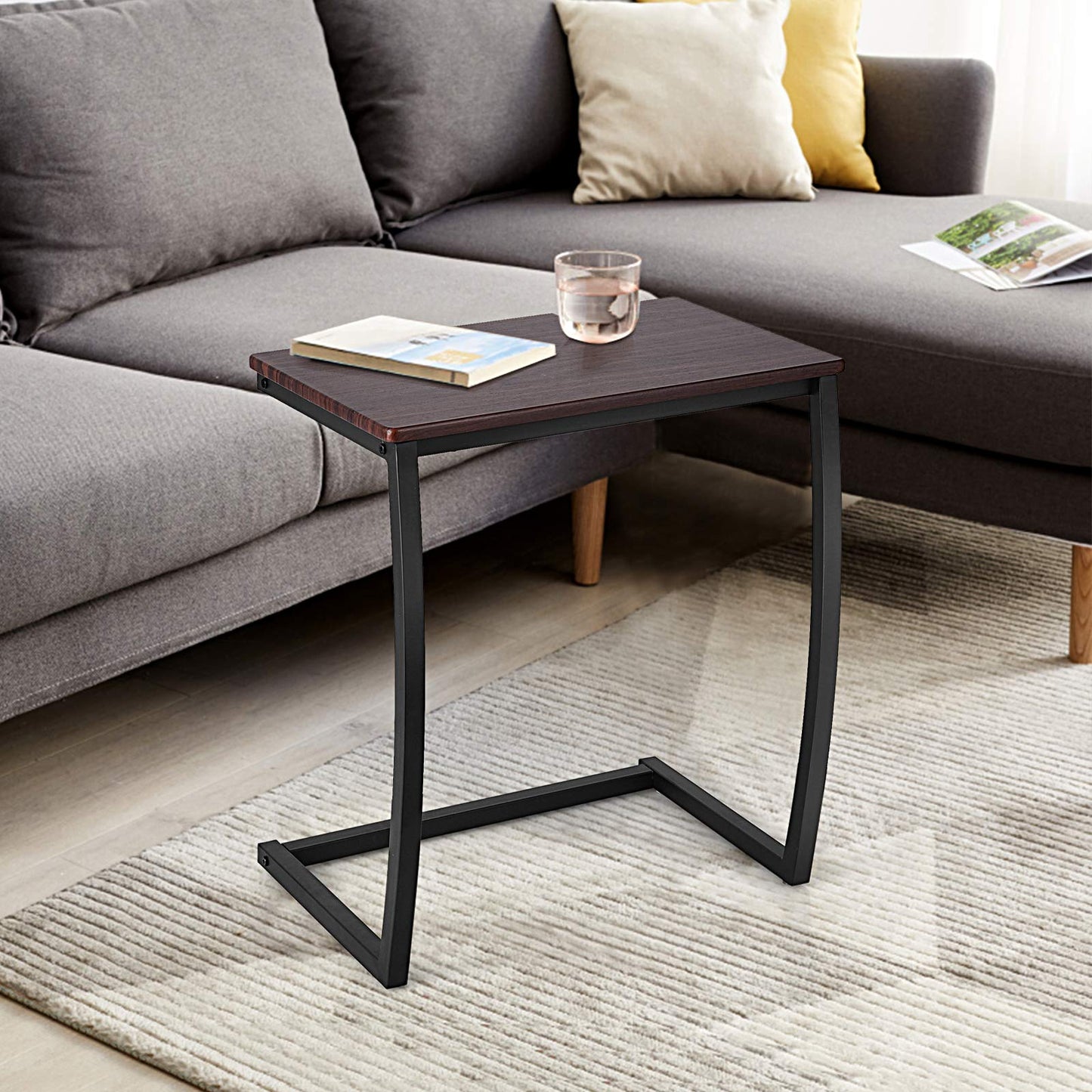 Tangkula C Shaped Couch Side Table with Steel Frame for Bed