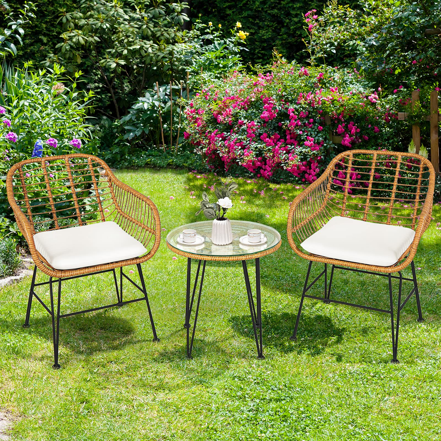 3 Pieces Patio Bistro Set, Rattan Conversation Set with 2 Cushioned Armchairs & Round Glass Coffee Table