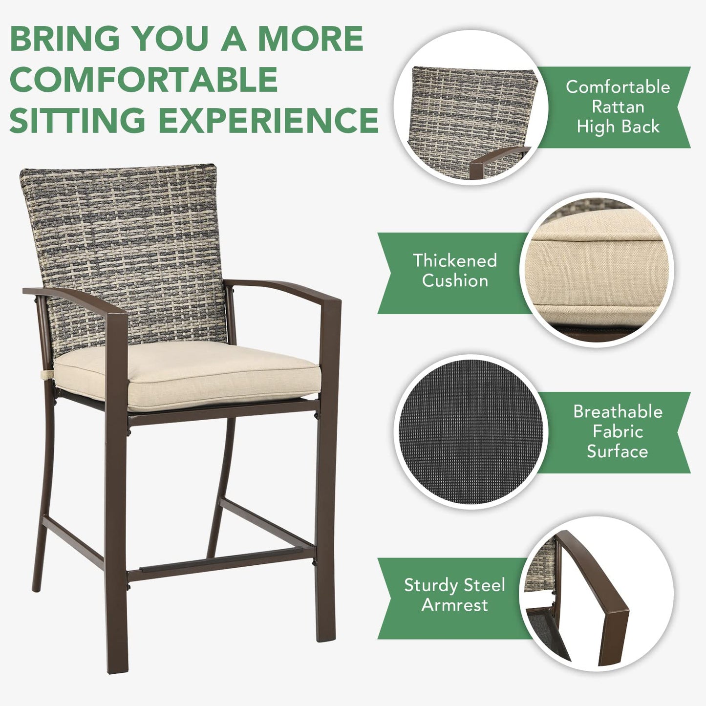 3 Piece Patio Bar Set, Outdoor Bar Stool Bistro Set w/ 27.5" Square Table, 2 Wicker Cushioned Chairs