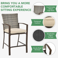 3 Piece Patio Bar Set, Outdoor Bar Stool Bistro Set w/ 27.5" Square Table, 2 Wicker Cushioned Chairs
