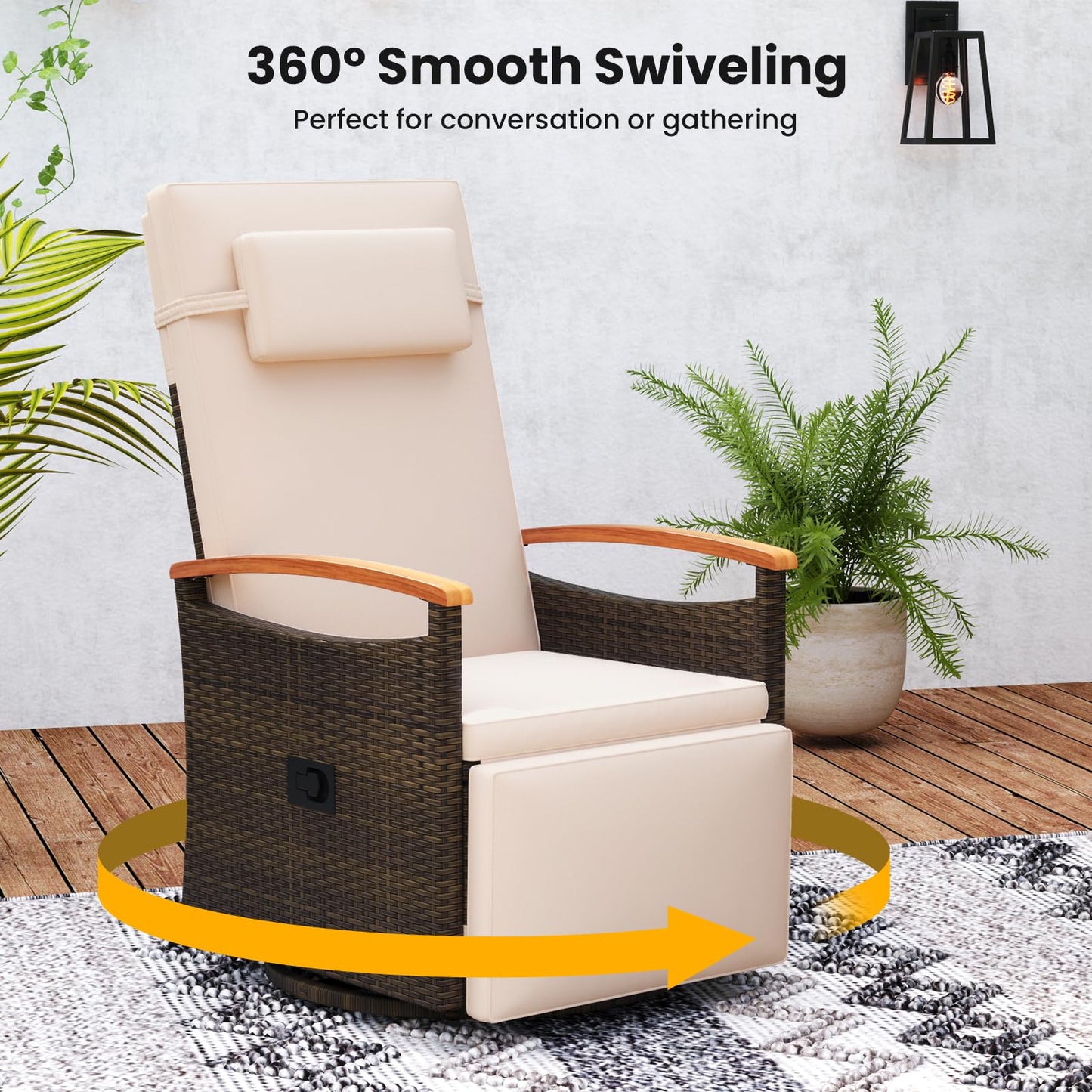 Tangkula Patio Rattan 360 Degree Swivel Recliner Chair, Wicker Lounge Chair w/Adjustable Backrest & Footrest
