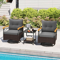 Tangkula 3 Piece Outdoor Swivel Chair Set with 2 Tier Tempered Glass Side Table
