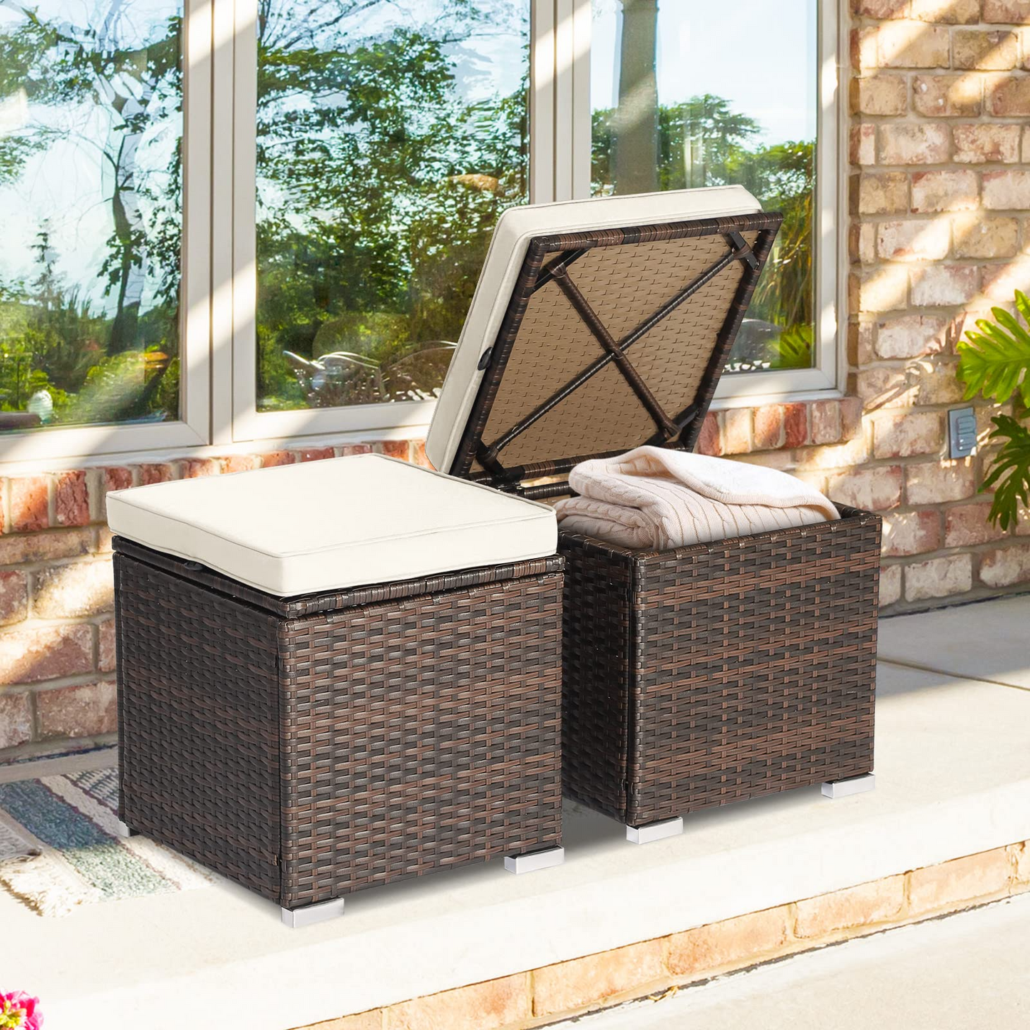 Tangkula 2 Pieces Patio Ottomans, Patiojoy Hand-Woven PE Rattan Side Table with Removable Cushion & Hidden Storage Space