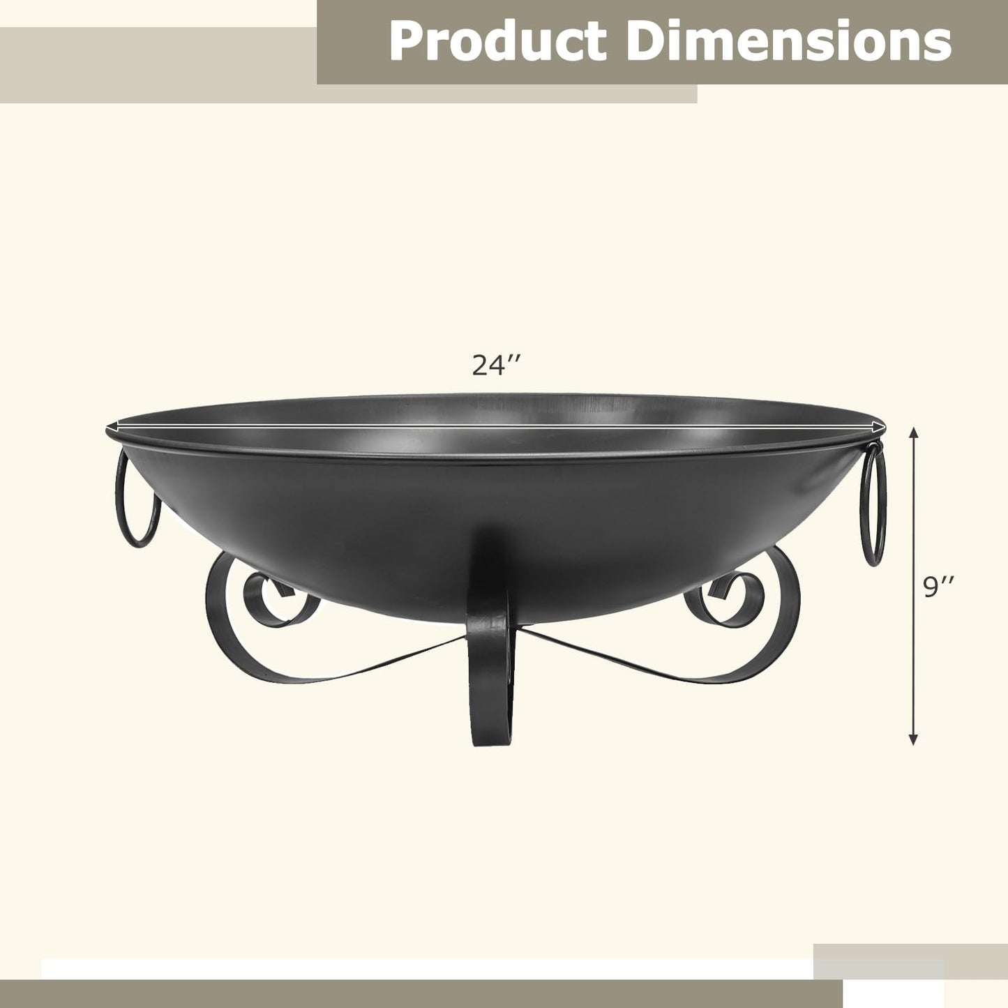 Tangkula 24 Inch Heavy-Duty Metal Fire Bowl with Handles for Outside Wood Burning