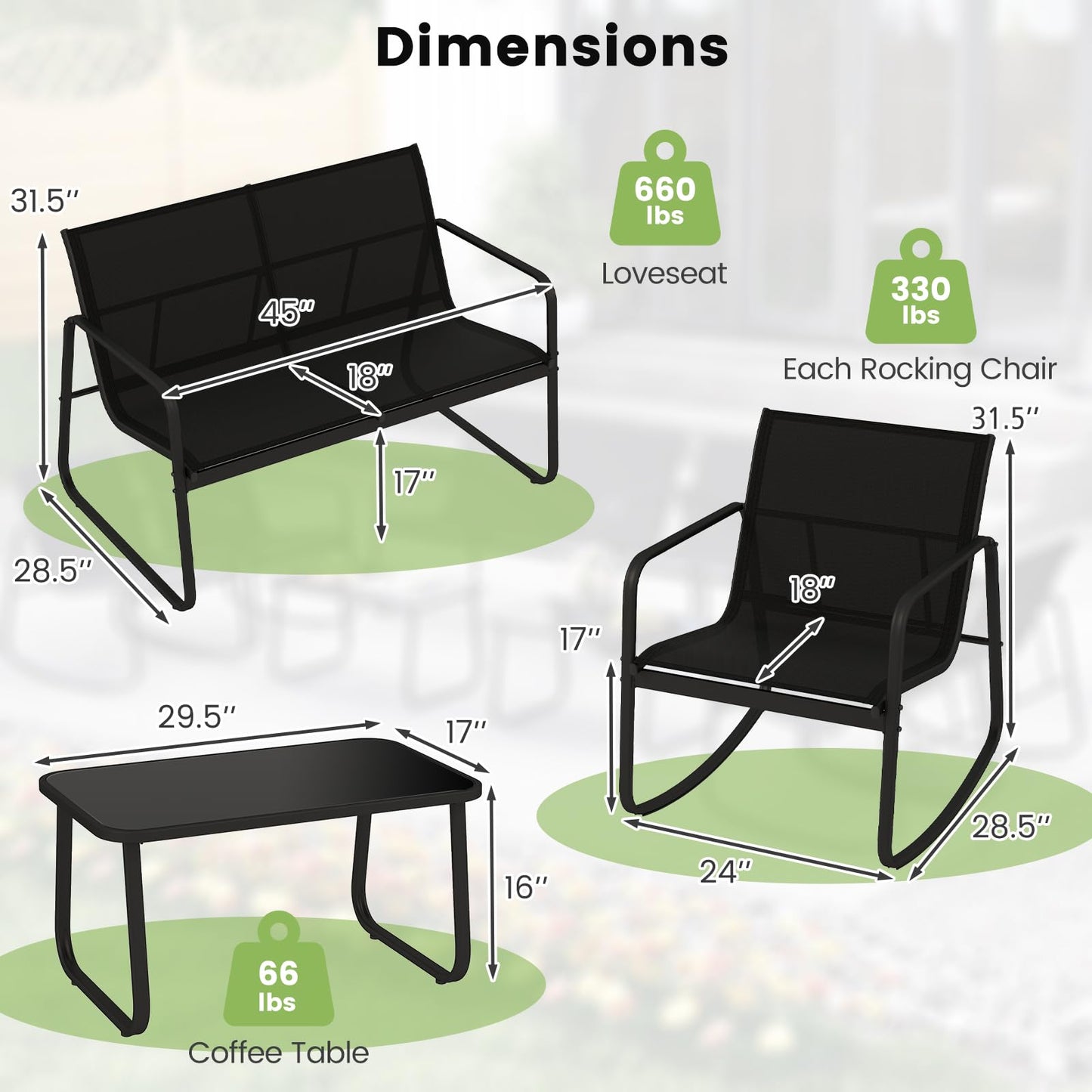 Tangkula Outdoor Rocking Bistro Set with Rocking Chairs Loveseat & Glass Coffee Table