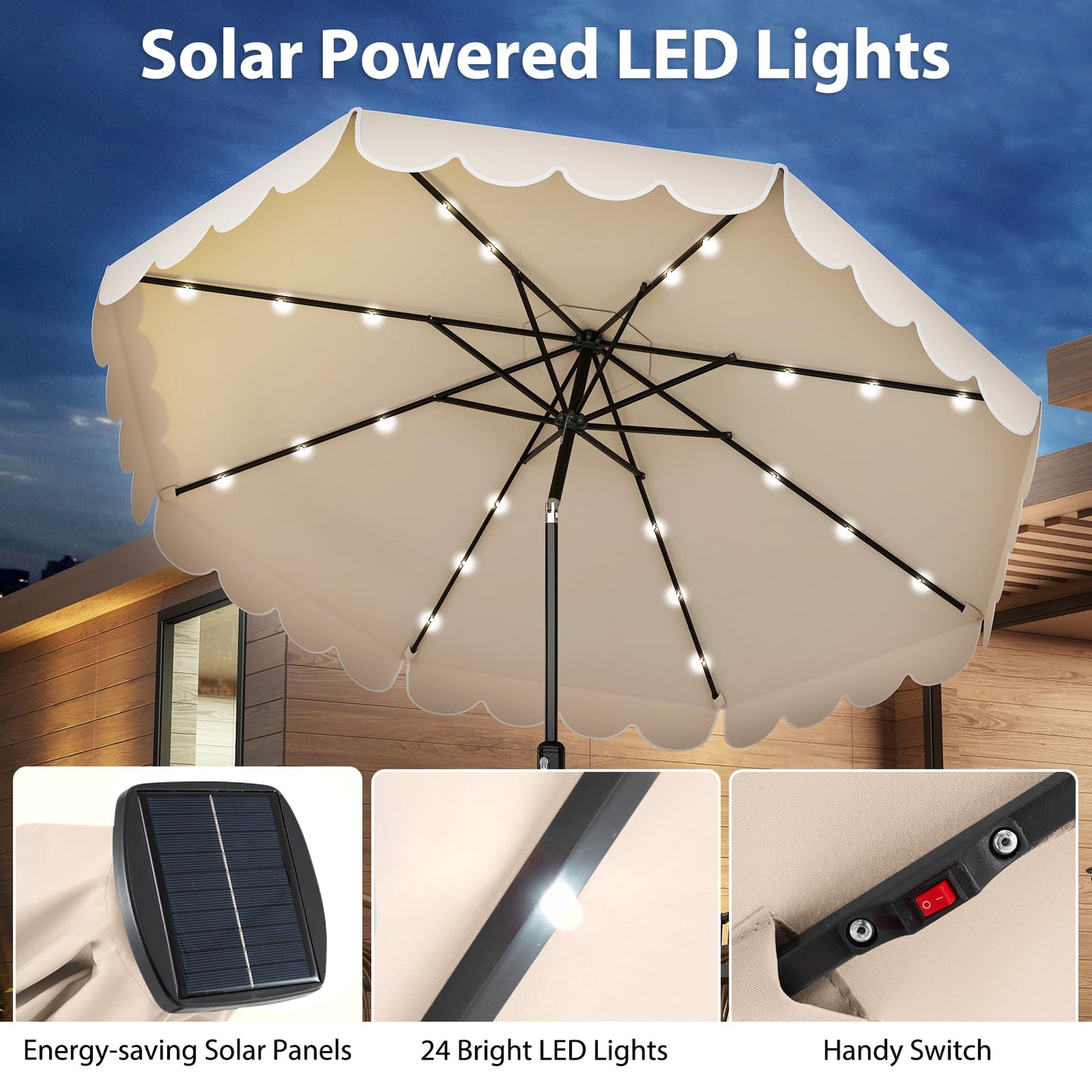 Tangkula 10FT Solar LED Patio Umbrella 2-Tiers Scalloped Outdoor Table Market Umbrella