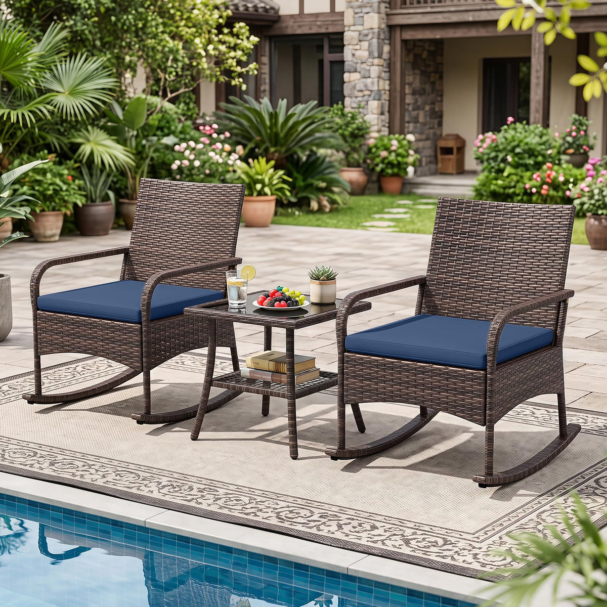 Tangkula 3-Piece Outdoor Wicker Rocking Bistro Set with 2-Tier Coffee Table