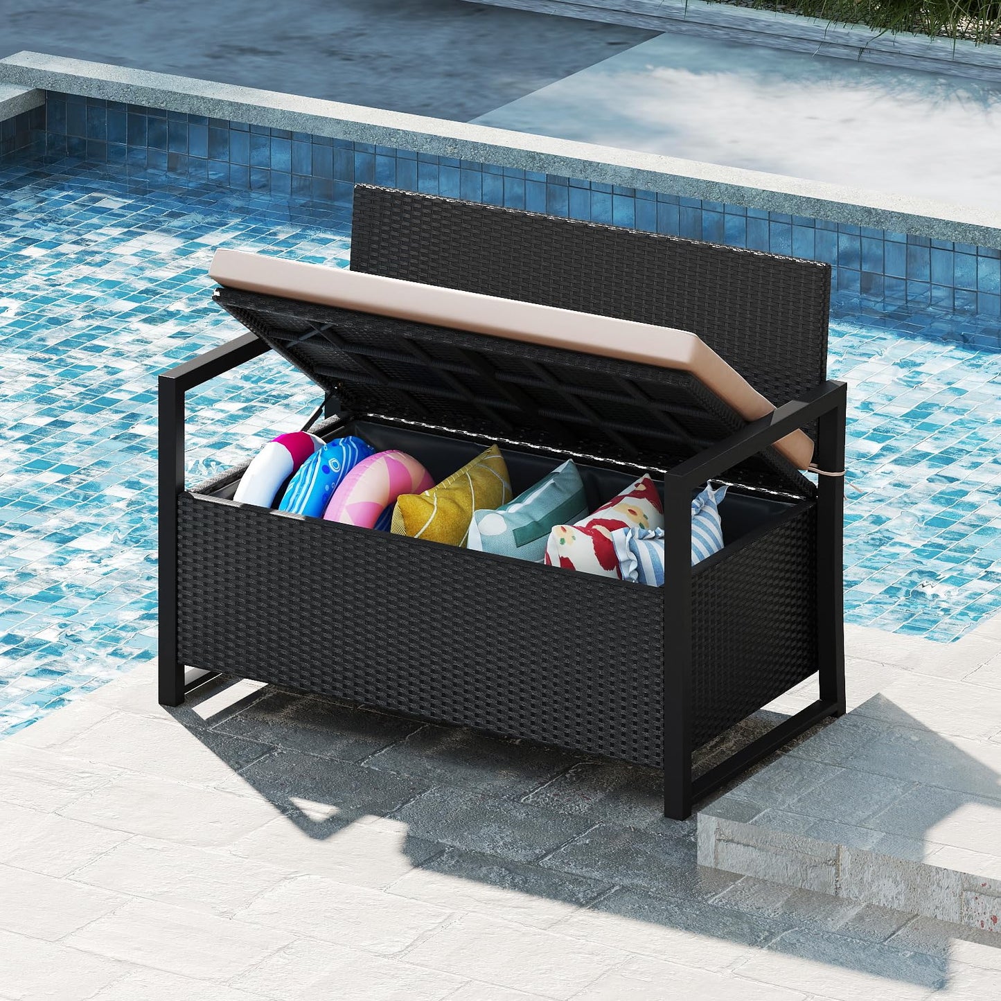 Tangkula 40 Gallon Patio Wicker Storage Bench with Cushion for Backyard