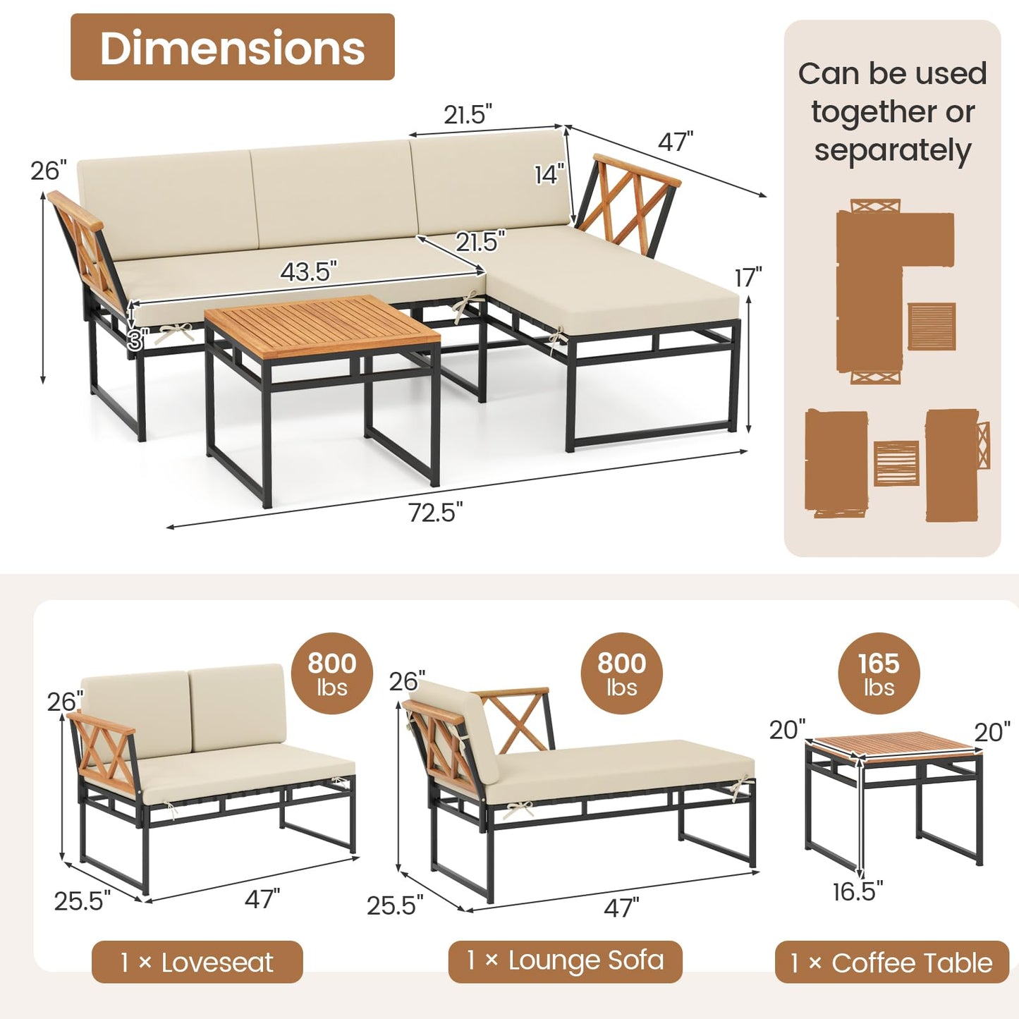 Tangkula 3 Pieces L-Shaped Outdoor Furniture Set