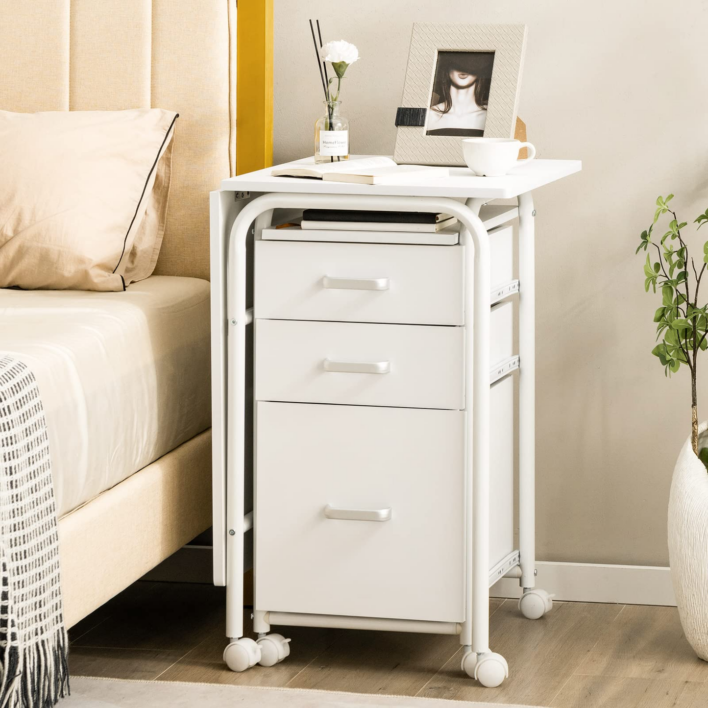 Tangkula White Folding Desk with 3 Drawers, Mobile Home Office Desk, Portable Laptop Desk Writing Table