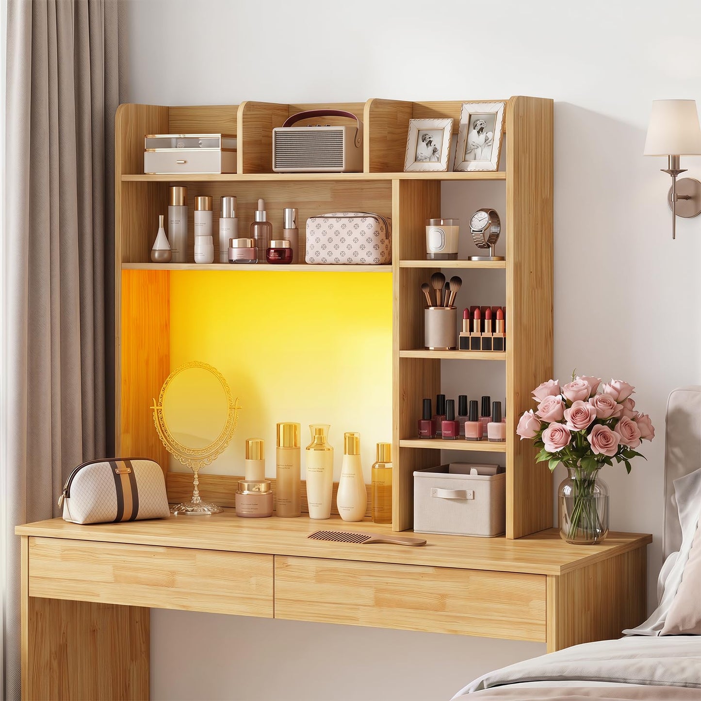 Tangkula Desktop Bookshelf with LED Lights & 8 Shelves for Max 25" Monitor