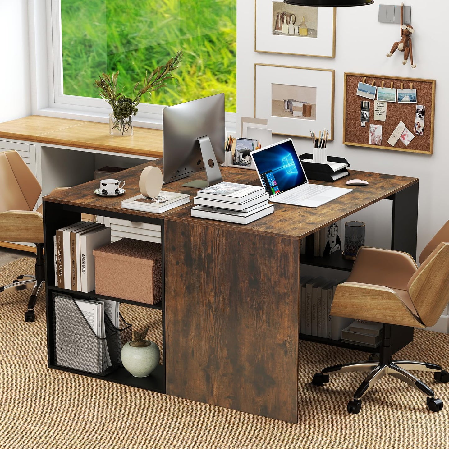 Tangkula Bureau d'ordinateur 112 cm pour domicile/bureau avec étagère à 2 niveaux en bois