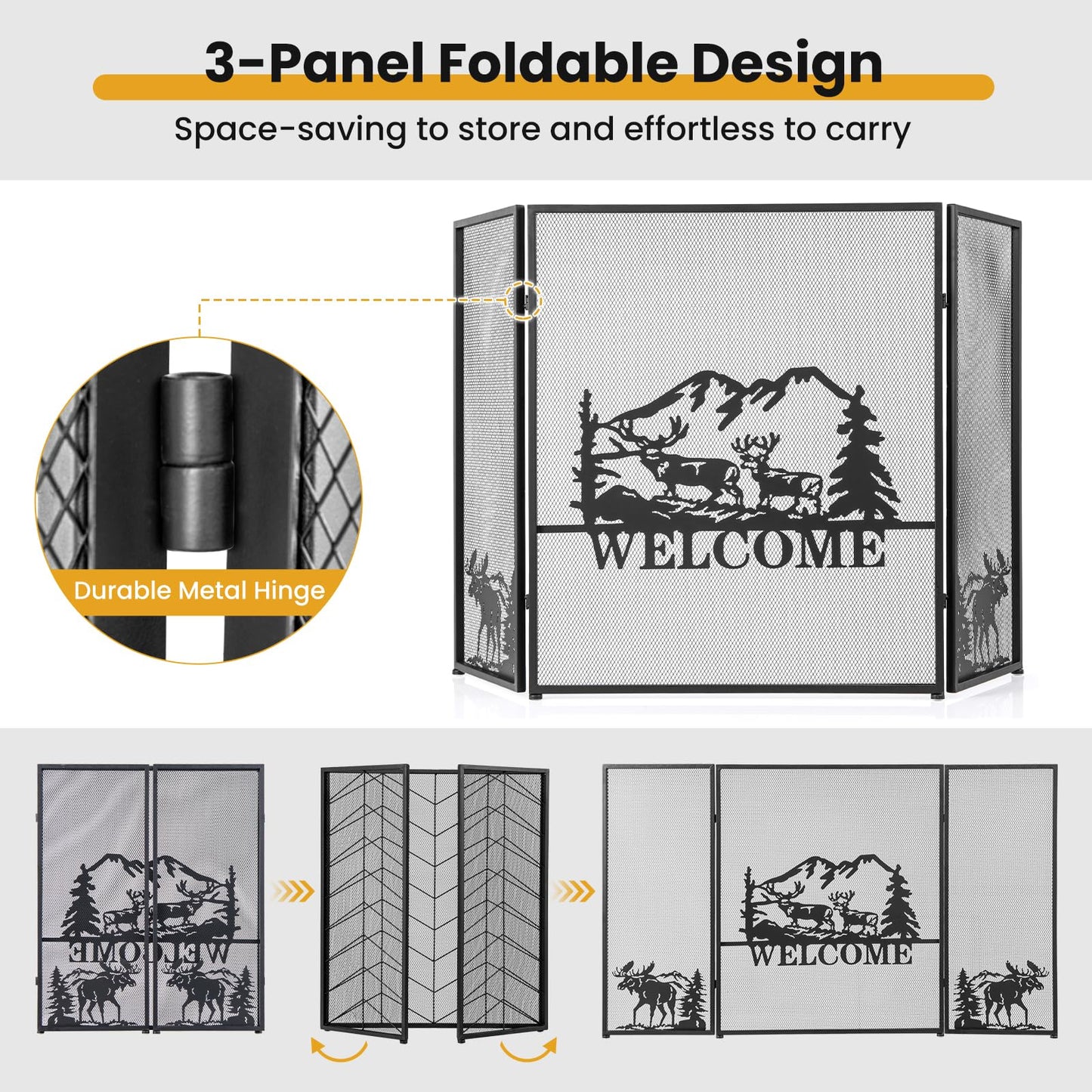 Tangkula 52 x 31 Inch Fireplace Screen, 3-Panel Folding Spark Guard w/Natural Scenery & Moose Pattern