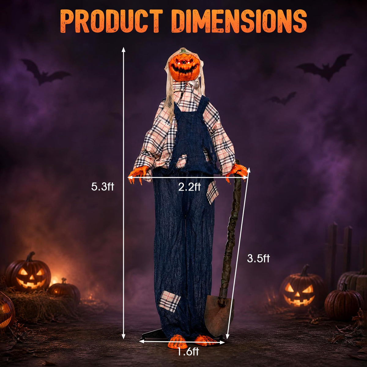 Tangkula 5.3 FT Animated Halloween Standing Pumpkin with Shovel Decorations