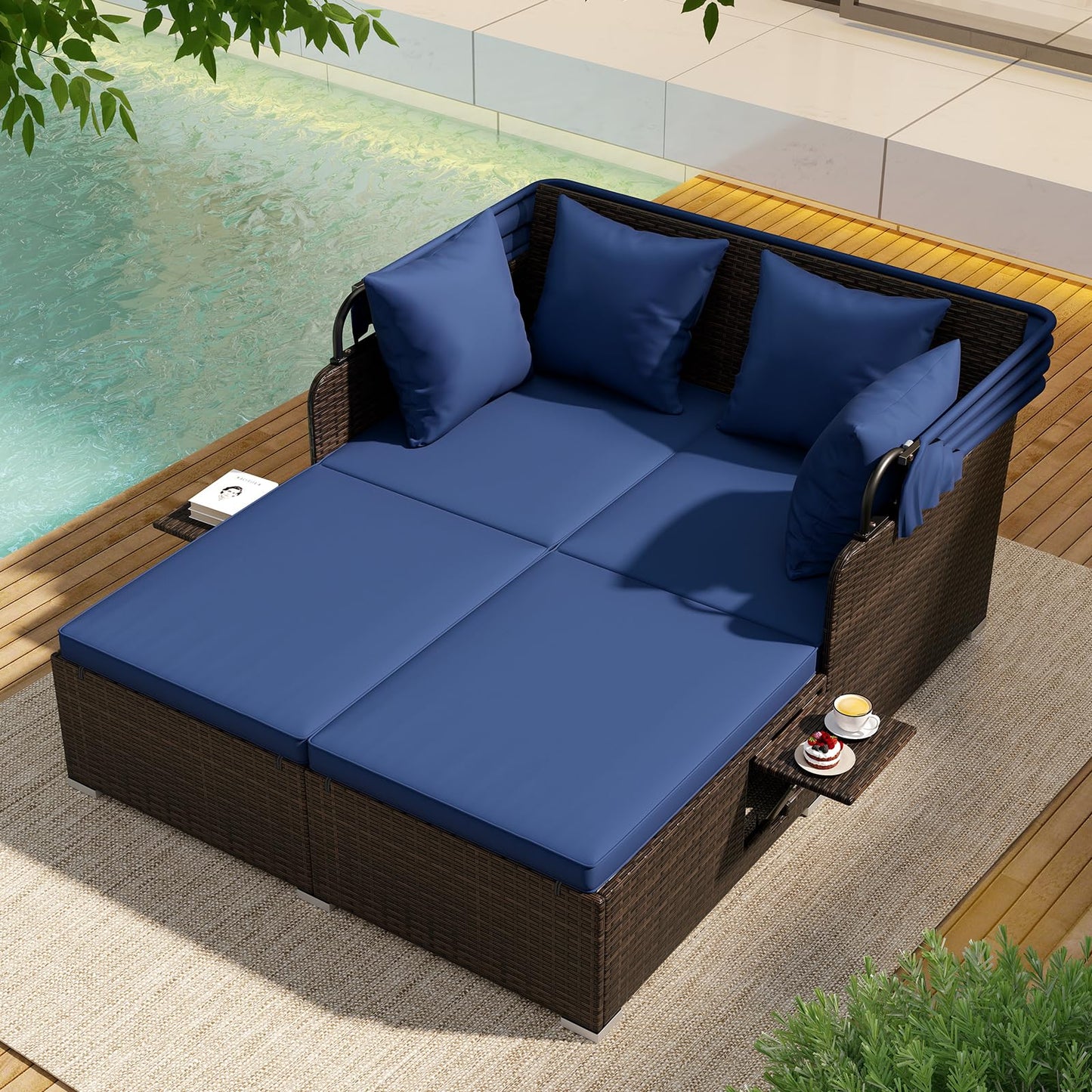 Tangkula Outdoor Wicker Sunbed with 2 Foldable Side Tables Thick Seat & Back Cushions