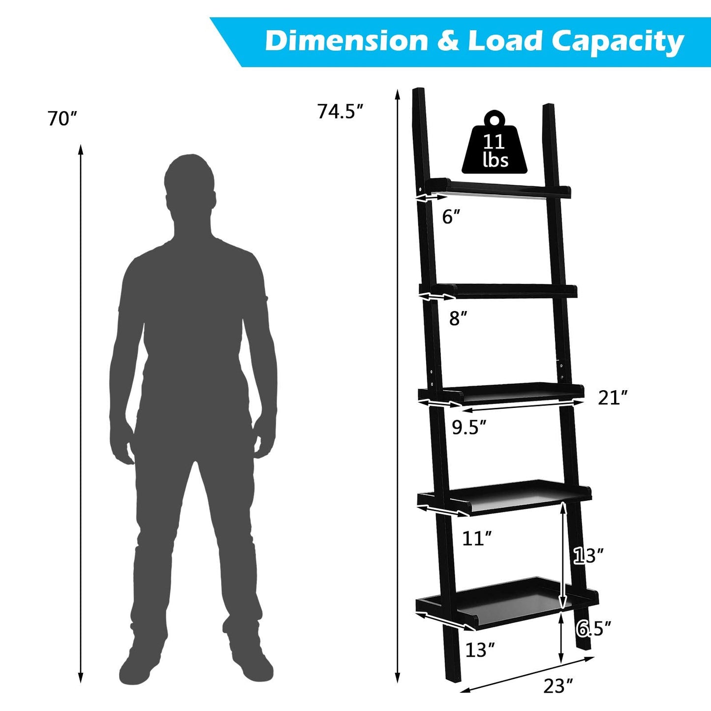 5-Tier Ladder Shelf, Wall-Leaning Bookshelf w/ Open Shelves, Plant Flower Stand