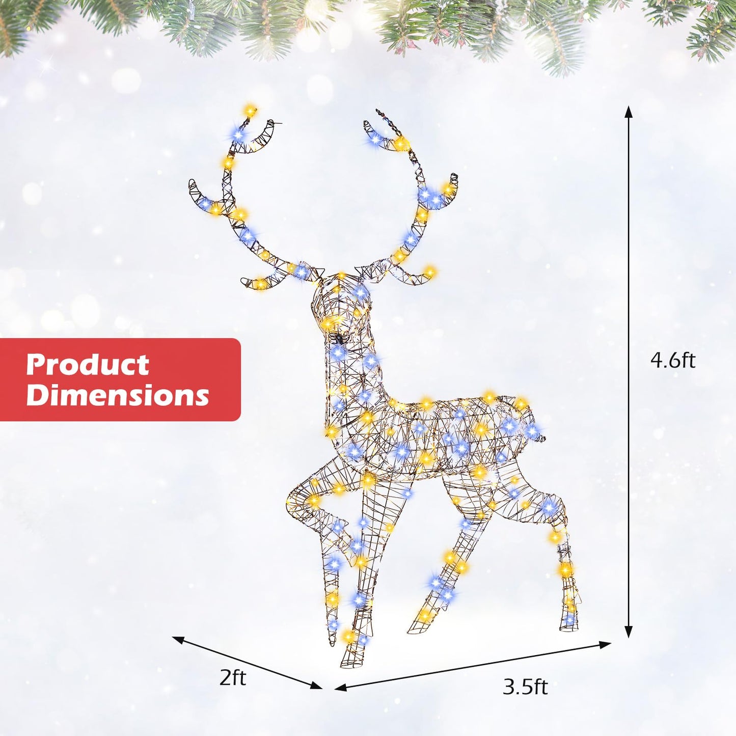 Tangkula 4.6 FT Christmas 3D Lighted Reindeer, Pre-Lit Rattan Buck with Large Antlers & 170 LED Lights