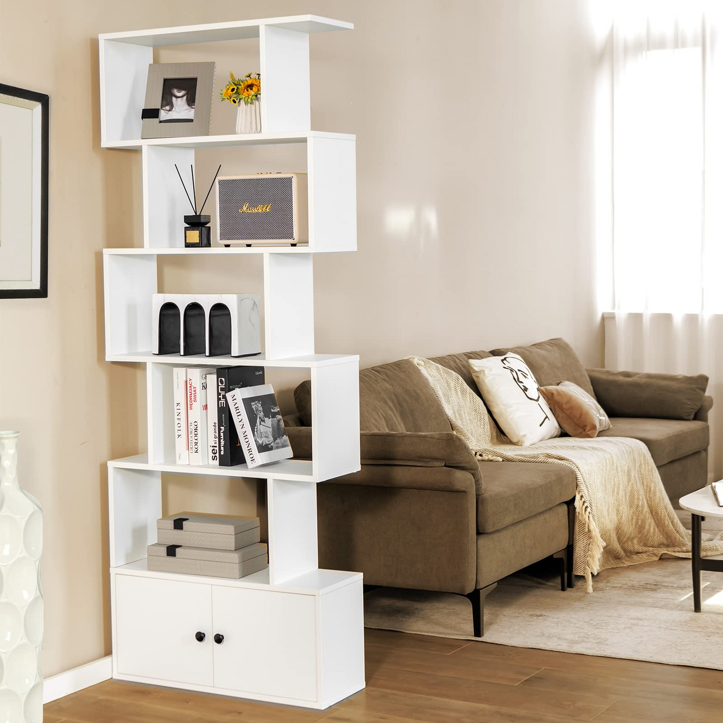 Tangkula S Shaped Bookshelf with Cabinet, 6-Tier Bookcase with Doors, Freestanding Geometric Bookshelves for Living Room
