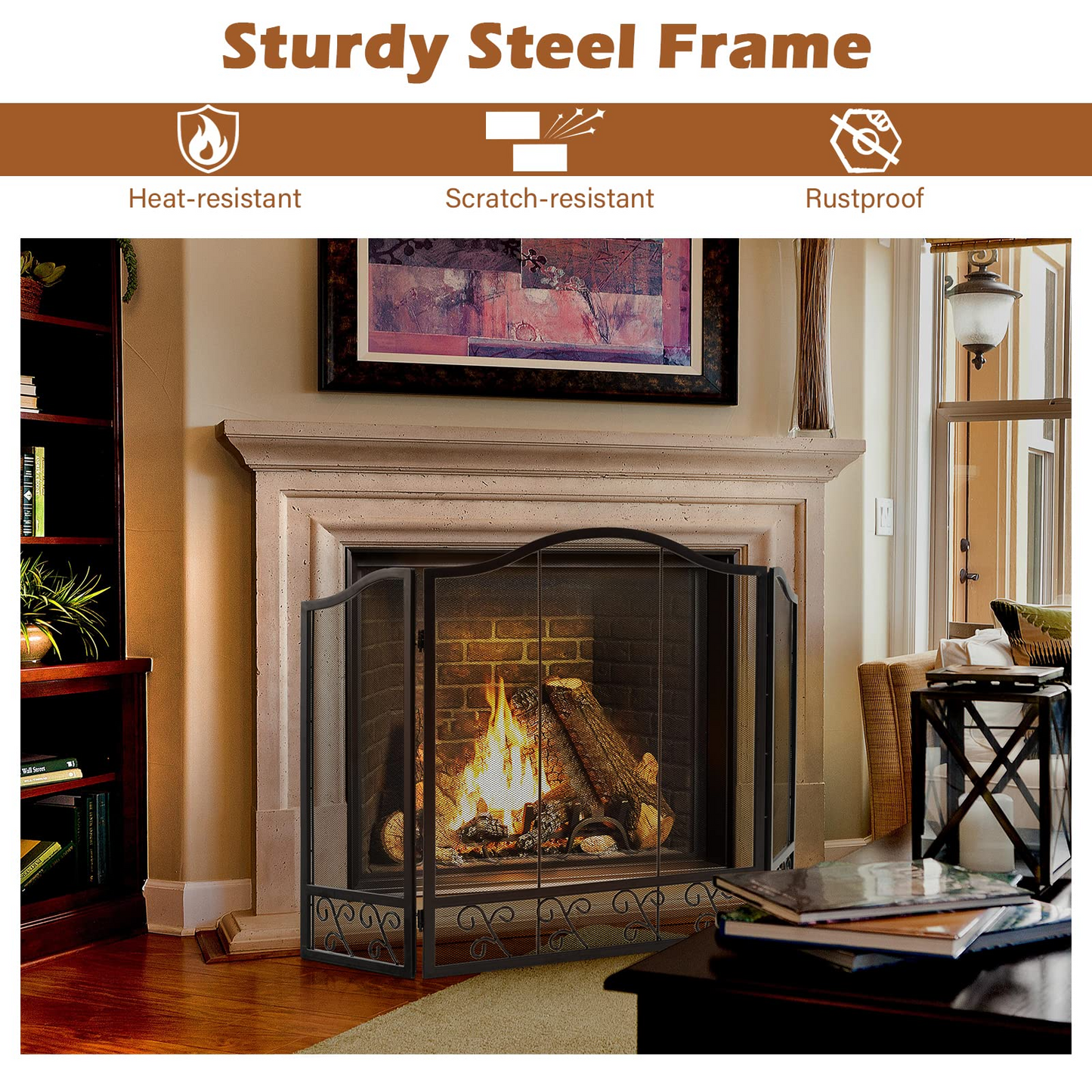 Tangkula 50 x 31 Inches 3-Panel Heat-Resistant Metal Mesh Fireplace Screen