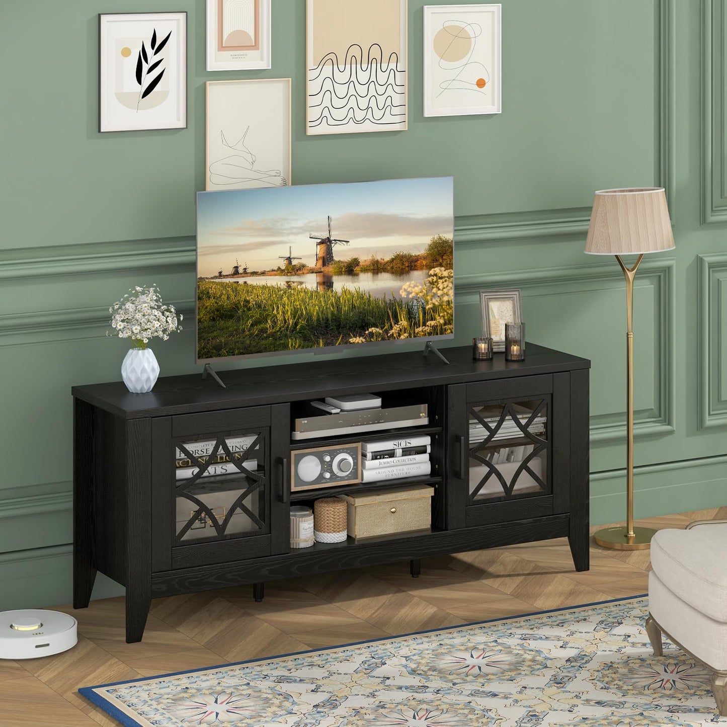 Tangkula Farmhouse TV Stand for TVs Up to 65-in, Classic Media Entertainment Center w/Glass Door Cabinets & 4 Adjustable Shelves